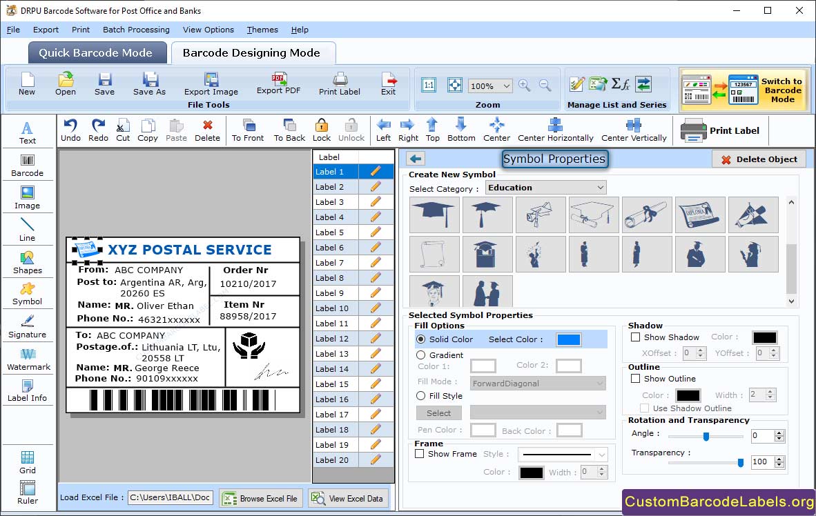 Barcode Label Tool for Post Office and Bank