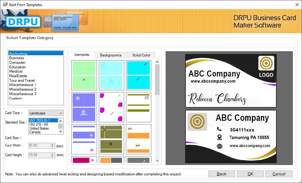 Screenshot of Customizable Business Card Maker Tool