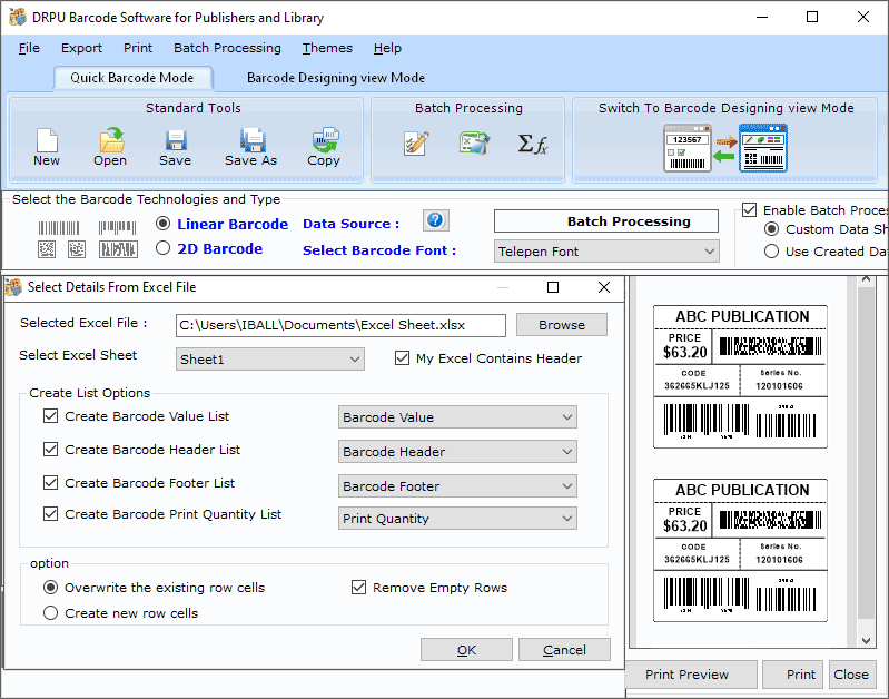 Screenshot of Excel Barcode Labeling for Publishers