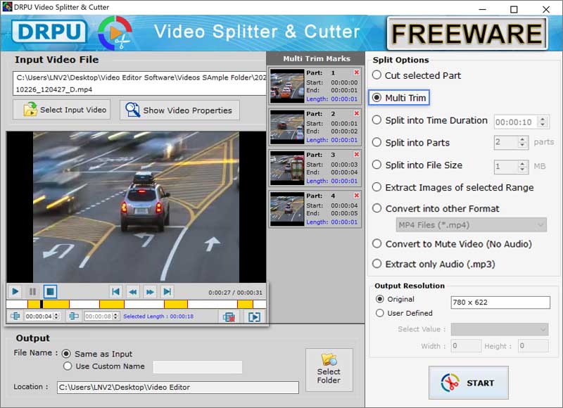 Screenshot of Freeware Video Clip Splitting Software